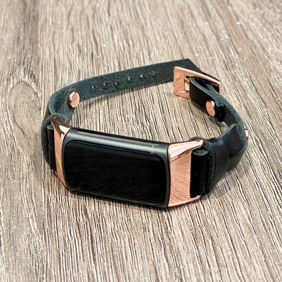Fitbit Charge 5 Black Leather Band Slim Strap Rose Gold Women Jewelry Wristband - Picture 7 of 9